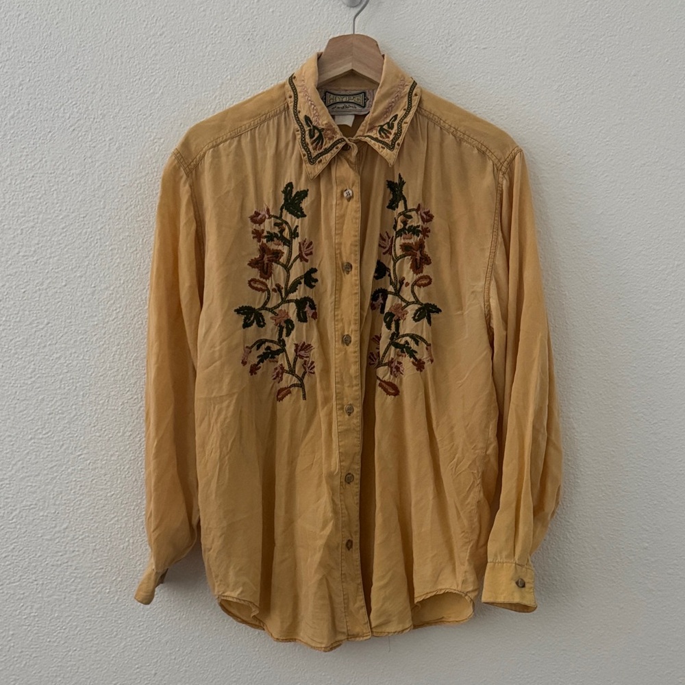 Vintage Hype Floral Embroidered Button Up Oversized Long Sleeve Shirt Yellow